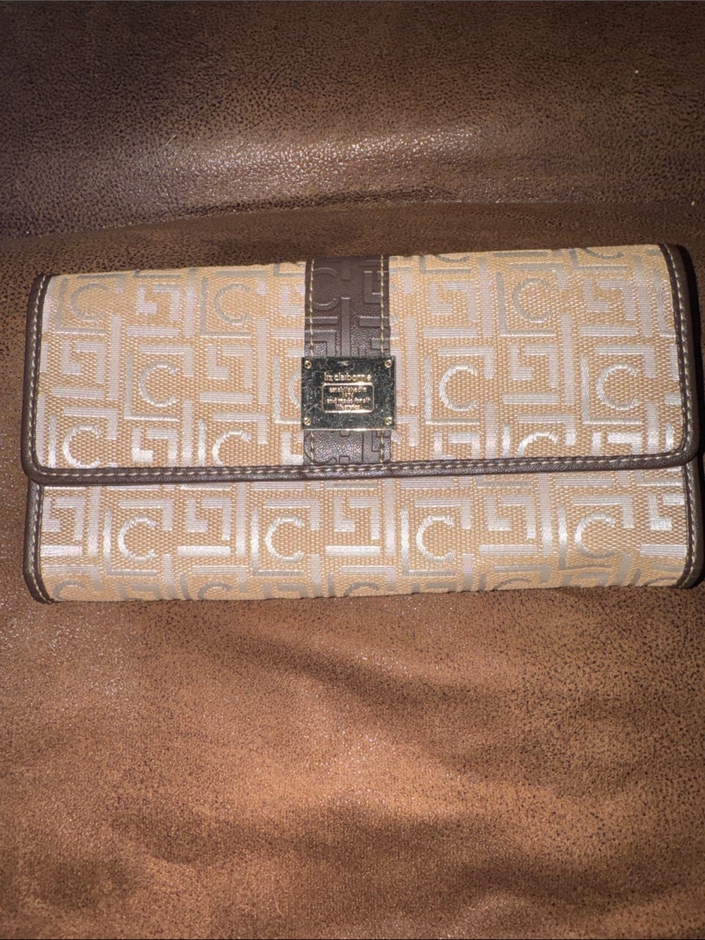 Liz Claiborne Beige and Brown Signature Flap Wallet